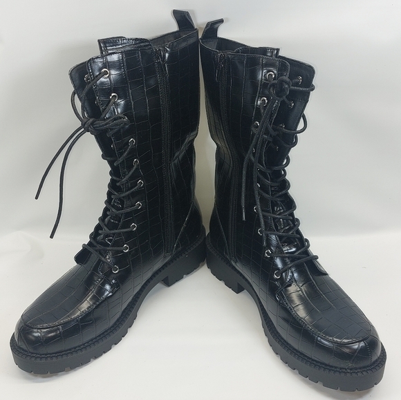 Coutgo Womens Mid Calf Lace Up Boots Lug Sole Closed ToeSide Zipper Military - Picture 4 of 9